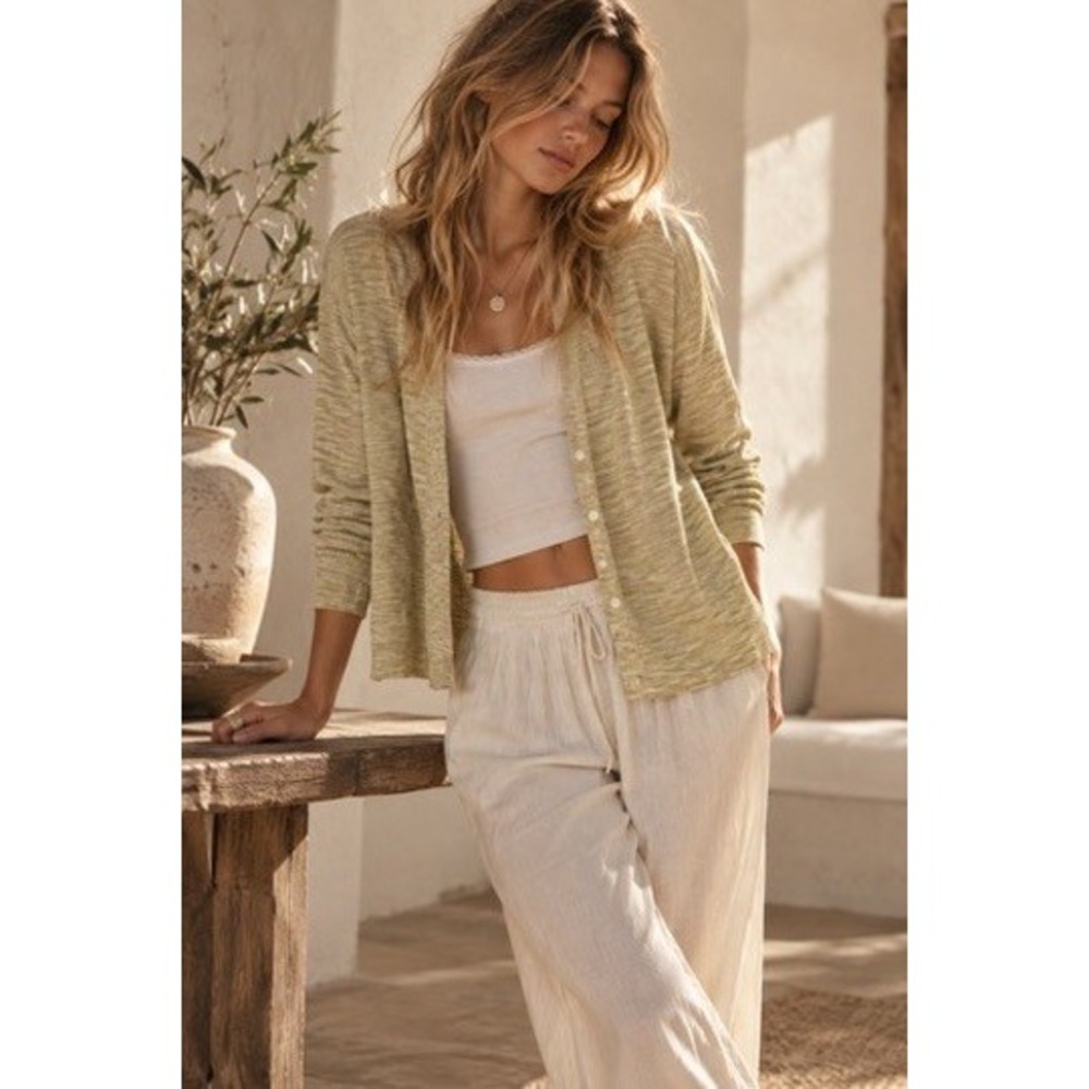 Theory Hannalee SD Space Dye Linen Blend Button Front Cardigan Yellow Small